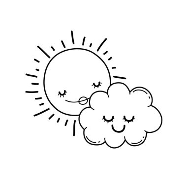 Güneşin ve bulutların karikatürler gülümseyen illüstrasyon grafik tasarım vektör