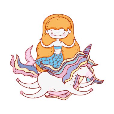 tek boynuzlu at karakterlerle sevimli deniz kızı vektör çizim tasarım