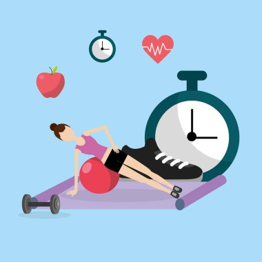 Genç kadın egzersiz topu ve kutsal kişilerin resmi çizgi film ile tonlama