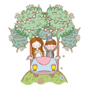 Düğün Çift Doğa karikatürler vektör çizim grafik tasarım, eski model araba üzerinde