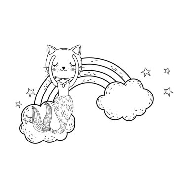 bulutlar ve gökkuşağı vektör çizim tasarım ile şirin purrmaid