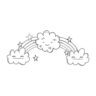 Şirin bulut ve gökkuşağı çizgi film illüstrasyon grafik tasarım vektör