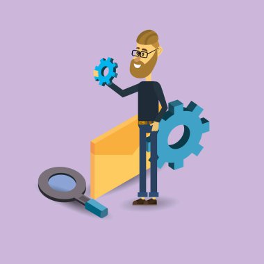 Genç adam motoru karikatür holding