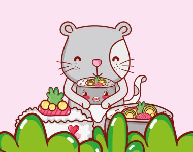 Japon yemekleri kawaii karikatürler vektör çizim grafik tasarım ile kedi