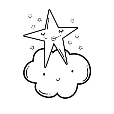 Bulutlar ve yıldız sevimli çizgi film gülümseyen illüstrasyon grafik tasarım vektör