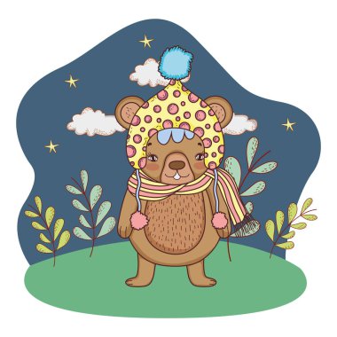 sevimli küçük ayıcık şapkalı kamp vektör çizim tasarım