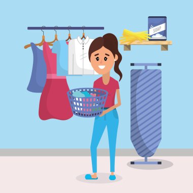 Çamaşır odası aletleri karikatür vektör çizim grafik tasarım ile kadın