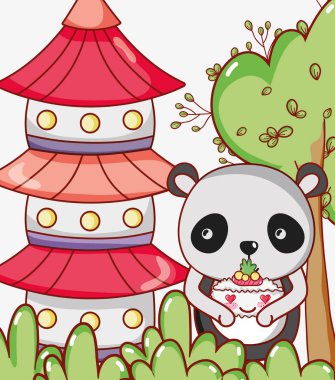 Panda ve Japon yemekleri şirin kawaii karikatürler
