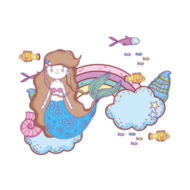 bulutlar ve gökkuşağı vektör çizim tasarım ile şirin deniz kızı