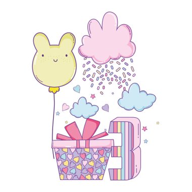 İyi ki doğdun üçüncü hediye kutusu ve balon çizgi film vektör çizim grafik tasarım ile