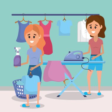 Çamaşır odası aletleri karikatür ile kadın illüstrasyon grafik tasarım vektör