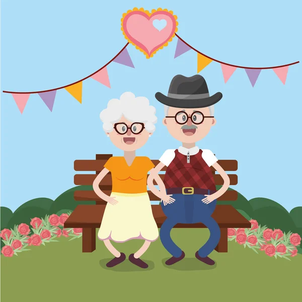 Morföräldrar Äldre Härlig Par Bänken Tecknade Vektor Illustration Grafisk Design — Stock vektor