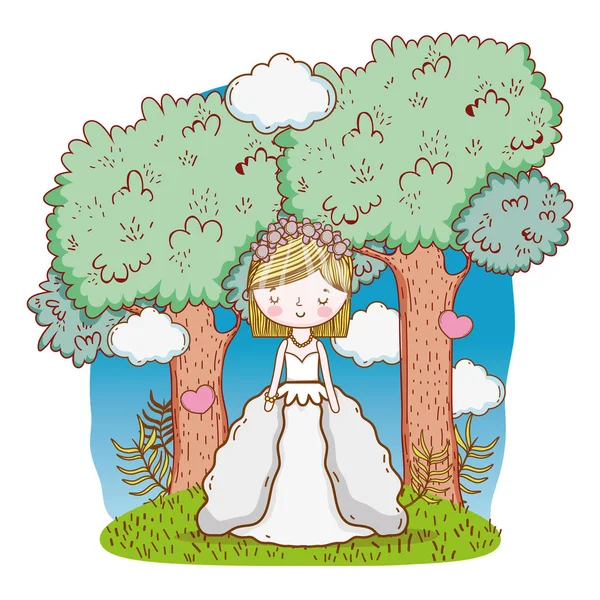 Braut Hochzeit Niedlich Mit Kleid Bei Wald Cartoon Vektor Illustration — Stockvektor