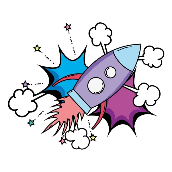 Raketa Letí Pop Art Styl Vektorové Ilustrace Design — Stockový vektor