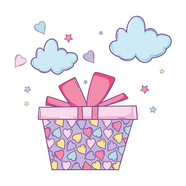 Caixa Presente Aniversário Nuvens Com Corações Estrelas Bonitos Desenhos Animados — Vetor de Stock