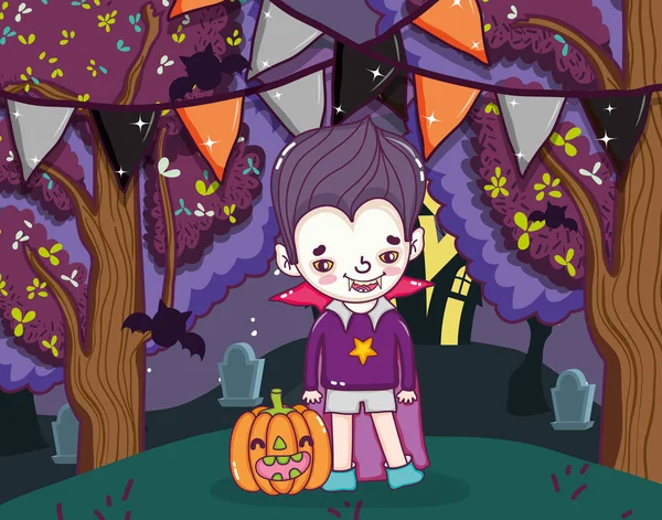 Хэллоуин Праздник Вампир Мальчик Ночью Мультфильмы Векторные Иллюстрации Графический Дизайн — стоковый вектор