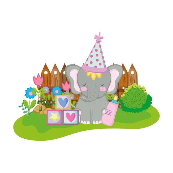 Söt Och Liten Elefant Med Party Hatt Vektor Illustration Design — Stock vektor