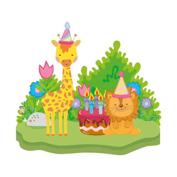 Little Lion Giraffe Party Hats Vector Illustration Design — Stock Vector