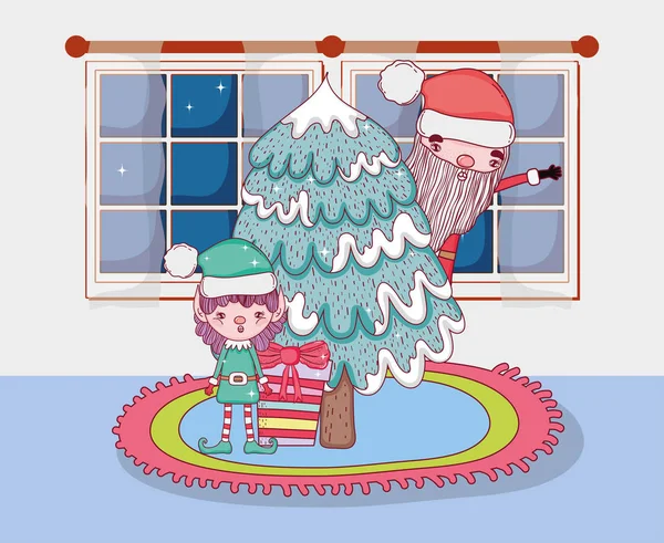 Weihnachten Weihnachtsmann Mit Helfer Haus Vektor Illustration Design — Stockvektor