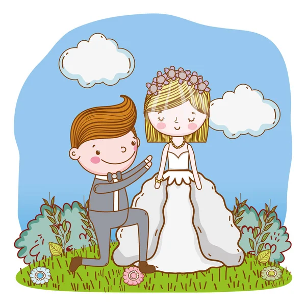 Coppia Proposta Matrimonio Sulla Natura Paesaggio Carino Cartone Animato Vettore — Vettoriale Stock