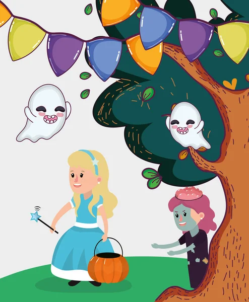 Halloween Celebration Girls Costumes Night Cartoons Vector Illustration Graphic Design — Stock Vector