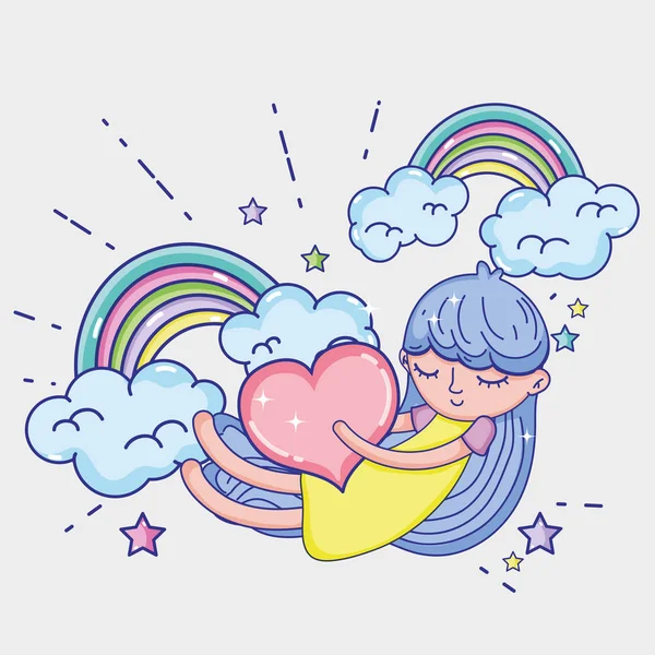 Menina Com Coração Dormindo Nuvem Bonito Desenhos Animados Vetor Ilustração — Vetor de Stock