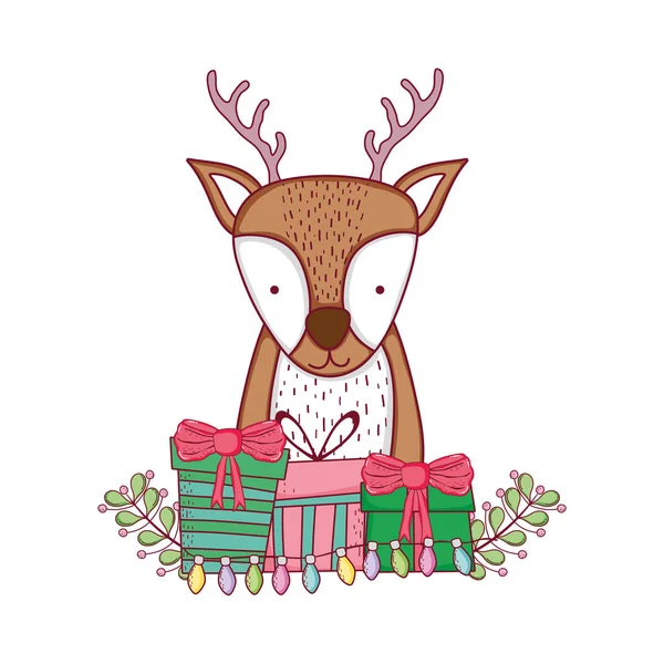 Renna Natale Carino Con Corona Regali Disegno Illustrazione Vettoriale — Vettoriale Stock