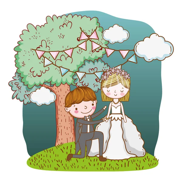 Pár Esküvői Javaslat Természet Táj Aranyos Rajzfilm Vektoros Illusztráció Grafikai — Stock Vector