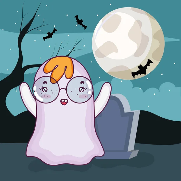 Fantasma Halloween Volando Alrededor Del Cementerio Noche Vector Ilustración Diseño — Vector de stock