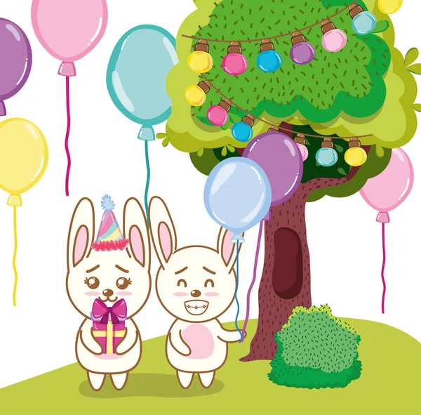 День Рождения Милыми Кроликами Мультфильм Вектор Иллюстрации Графический Дизайн — стоковый вектор