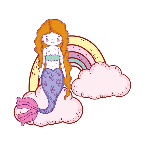 可爱的美人鱼与云和彩虹矢量插图设计 — 图库矢量图片