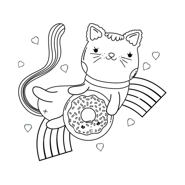 虹ベクトル イラスト デザインでドーナツとかわいい猫 — ストックベクタ