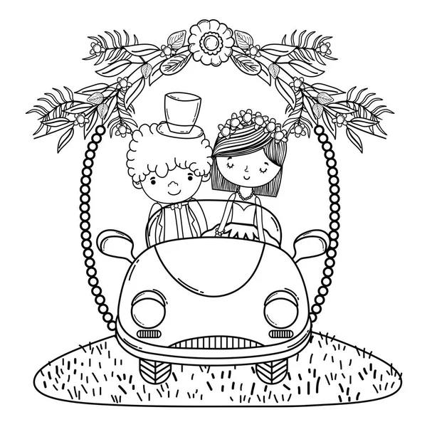 Hochzeitspaar Ehe Auf Oldtimer Niedlich Cartoon Vektor Illustration Grafik Design — Stockvektor