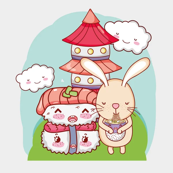 Bunny Japon Yemekleri Şirin Kawaii Karikatürler — Stok Vektör