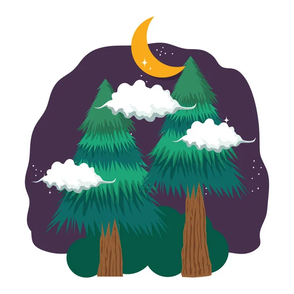 Pines Forest Landscape Night Vector Illustration Design — Stock Vector