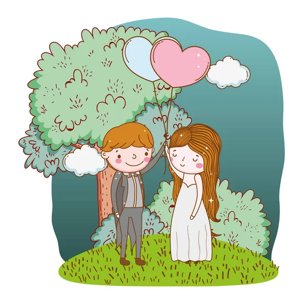 Couple Wedding Cute Cartoon Forest Trees Balloons Vector Illustration Graphic — Stock Vector