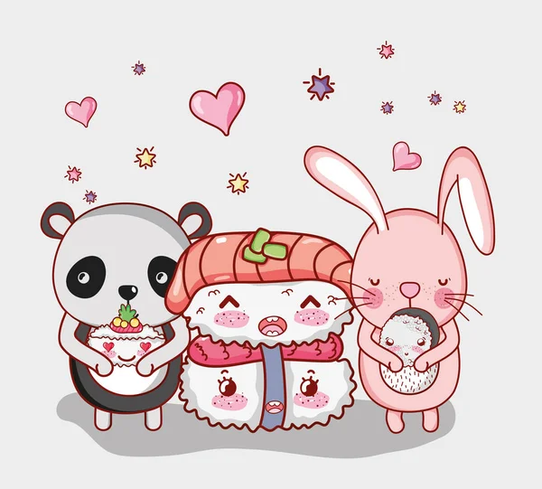 Kaninchen Und Pandabär Mit Japanischem Essen Kawaii Cartoons — Stockvektor