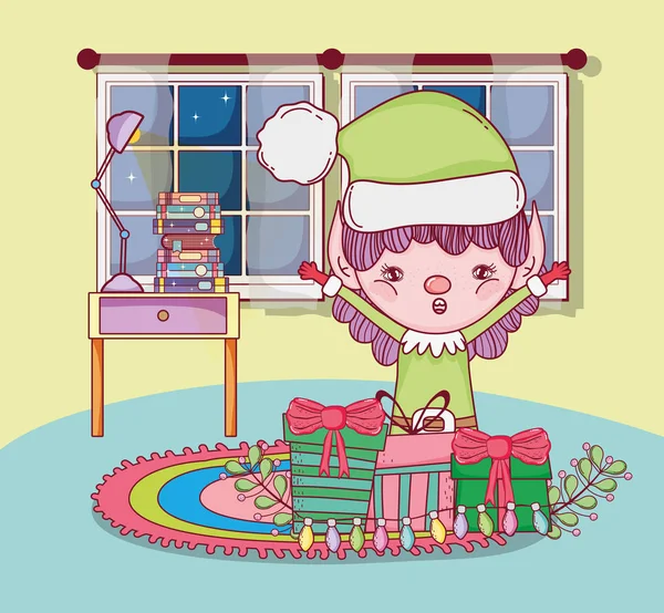 Assistant Santa Mignon Avec Des Cadeaux Dans Maison Vectoriel Illustration — Image vectorielle