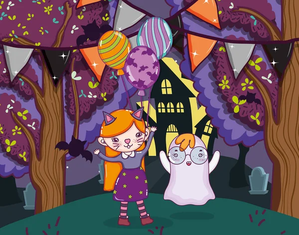 Halloween Feier Nacht Mit Mädchen Katze Kostüm Cartoons Vektor Illustration — Stockvektor