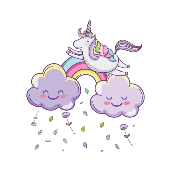 Lindo Unicornio Volando Nube Con Arco Iris Vector Dibujos Animados — Vector de stock