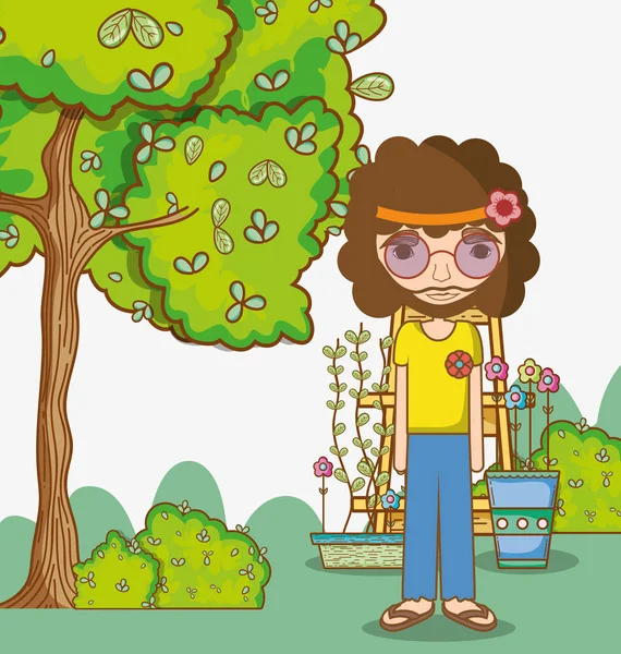 Hippie Muž Přírodě Kreslené Vektorové Ilustrace Grafický Design — Stockový vektor