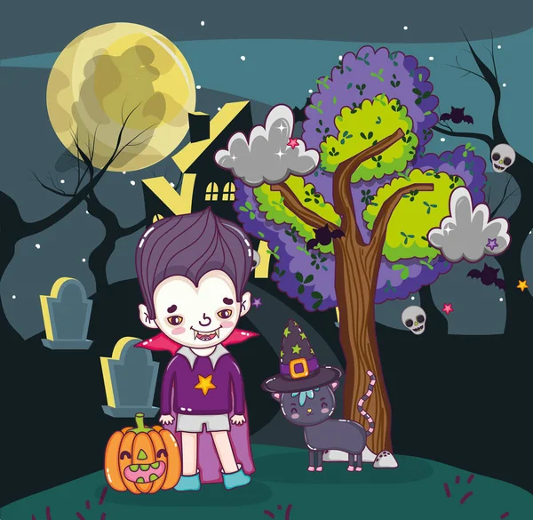 Halloween Célébration Vampire Garçon Nuit Dessins Animés Vectoriel Illustration Conception — Image vectorielle