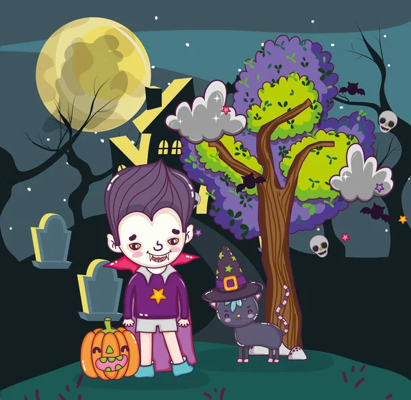 Halloween Celebração Vampiro Menino Noite Desenhos Animados Vetor Ilustração Gráfico — Vetor de Stock