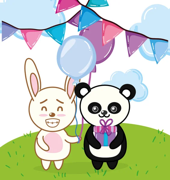 Festa Compleanno Con Simpatici Animali Selvatici Cartoni Animati Vettoriale Illustrazione — Vettoriale Stock