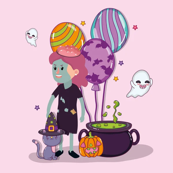 Halloweeen Oslava Dívka Zombie Custome Kreslené Vektorové Ilustrace Grafický Design — Stockový vektor