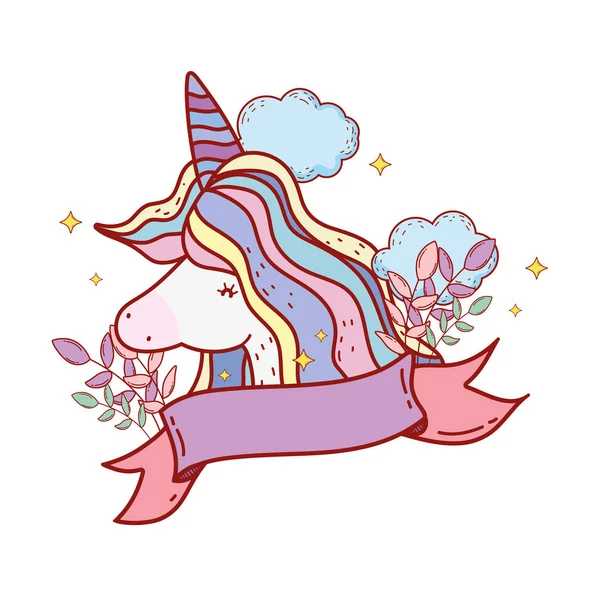 Unicorn Lucu Dengan Pita Dan Desain Vektor Dekorasi Bunga - Stok Vektor