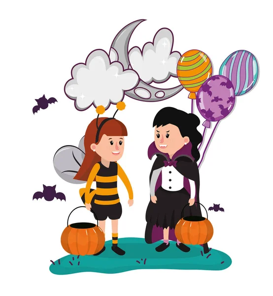 Halloween Oslavu Dívky Kostýmy Noci Kreslené Vektorové Ilustrace Grafický Design — Stockový vektor