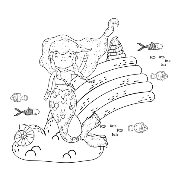 Simpatica Sirena Con Nuvole Arcobaleno Disegno Vettoriale Illustrazione — Vettoriale Stock