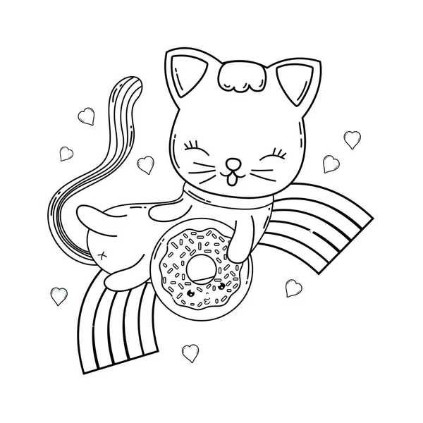 虹ベクトル イラスト デザインでドーナツとかわいい猫 — ストックベクタ