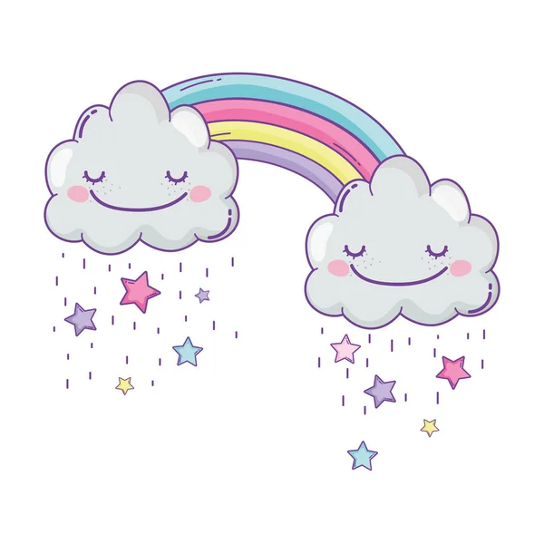 パステル カラーのかわいい雲と虹の漫画 — ストックベクタ